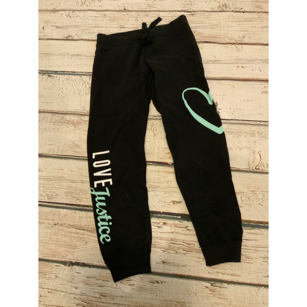 Justice Girls Black Fleece Joggers Heart Graphic Sweatpants Size 7
